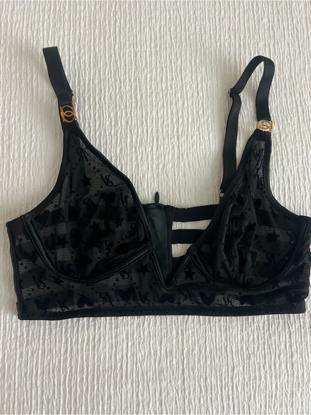 [Victoria's Secret] Black Sheer Velvet-Print Longline Bralette